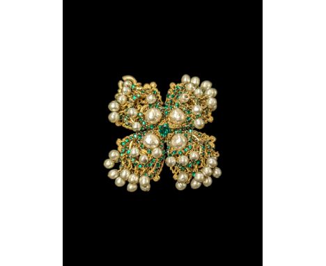 Miriam Haskell pearl and green paste gilt flower brooch, W6cm