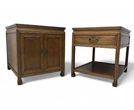 Chinese hardwood end table, rectangular form fitted with double cupboard, enclosed by panelled doors, on scroll carved suppor