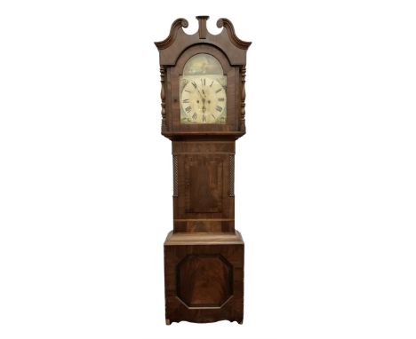 Late 19th century - 8-day mahogany longcase clock, with a swan necked pediment and break arch hood door beneath, short trunk 