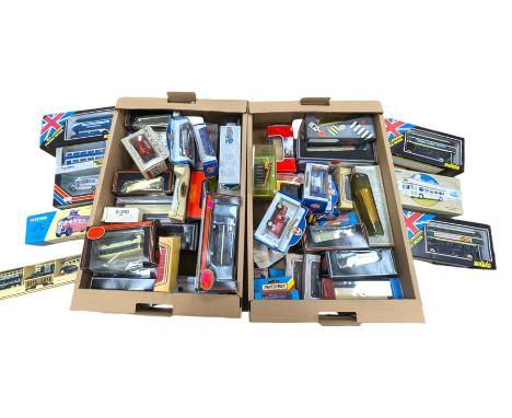 Collection of diecast buses and similar vehicles, including Solido, EFE Corgi Classics, Matchbox and Lledo examples, all boxe