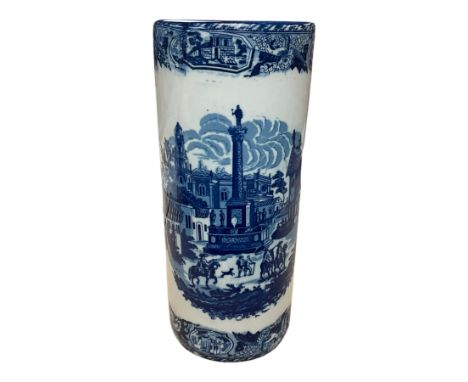 Blue and white stick stand decorated with transfer printed cityscape, H44cm