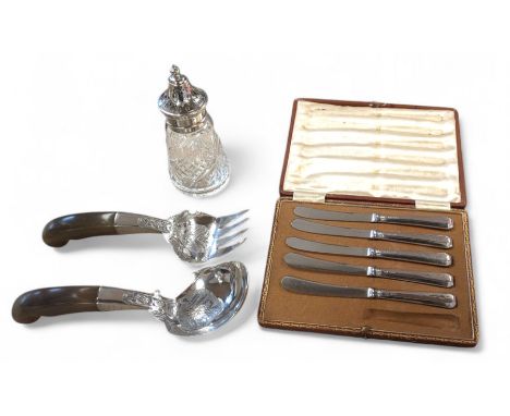 Group of silver, comprising horn handled Malaysian silver serving fork and spoon, cut glass sugar caster with removable silve