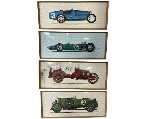 Four large framed posters of vintage cars including Renault, Lotus, Bugatti and Bentley 59cm x 152cm (4)