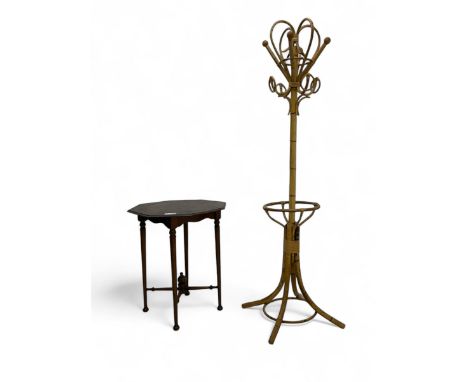 Mid-20th century bentwood coat and hat stand, looped top structure with rounded finials, fitted with circular hooks and lower