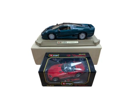 Two diecast cars, comprising Maisto 1:12 scale 1992 Jaguar XJ220 and a Burago 1:18 scale 1992 Dodge Viper RT10, both boxed