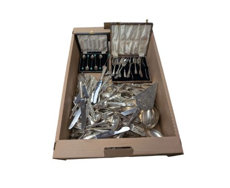 Large collection of silver plate cutlery, including coffee bean spoons, large ladle, etc