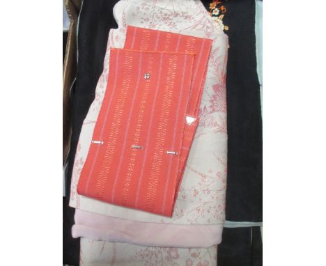 A Japanese black floral-silk embroidered jacket, and a pink kimono with sash  