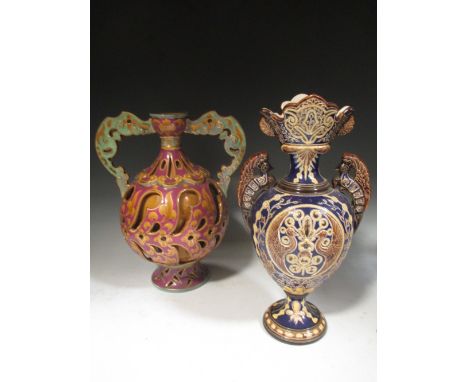 A Royal Doulton 'Nelson' beaker, a parian elliptical biscuit box with brass mounts (A/F) ; a Zsolnay vase (A/F) and two other