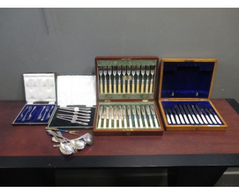 A Victorian silver plated carving set, seven various cased teaspoons, fruit knives etc. and a quantity of loose plated cutler