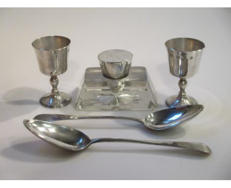 A pair of modern silver miniature goblets; a silver lidded Art Deco inkwell; a pair of George III silver tablespoons  