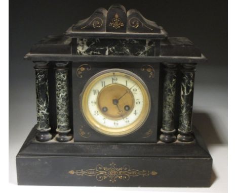 A Victorian black marble mantel clock, with 4 column front, 34cm wide  