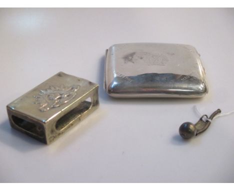 A WWI period silver cigarette case with military insignia, a plated matchbox sleeve, and a miniature silver bosun's whistle (