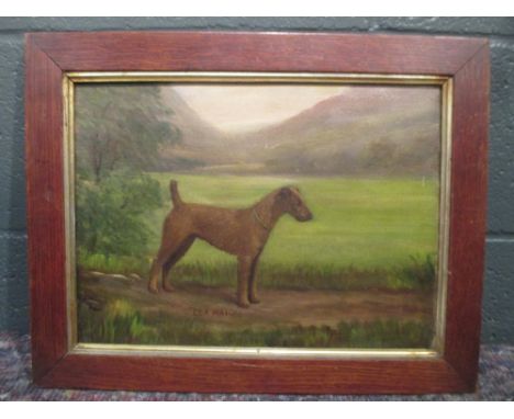 H. Crowther (British School, 20th century) Portrait of an Irish Terrier in a landscape, oil on canvas; British School (19th c