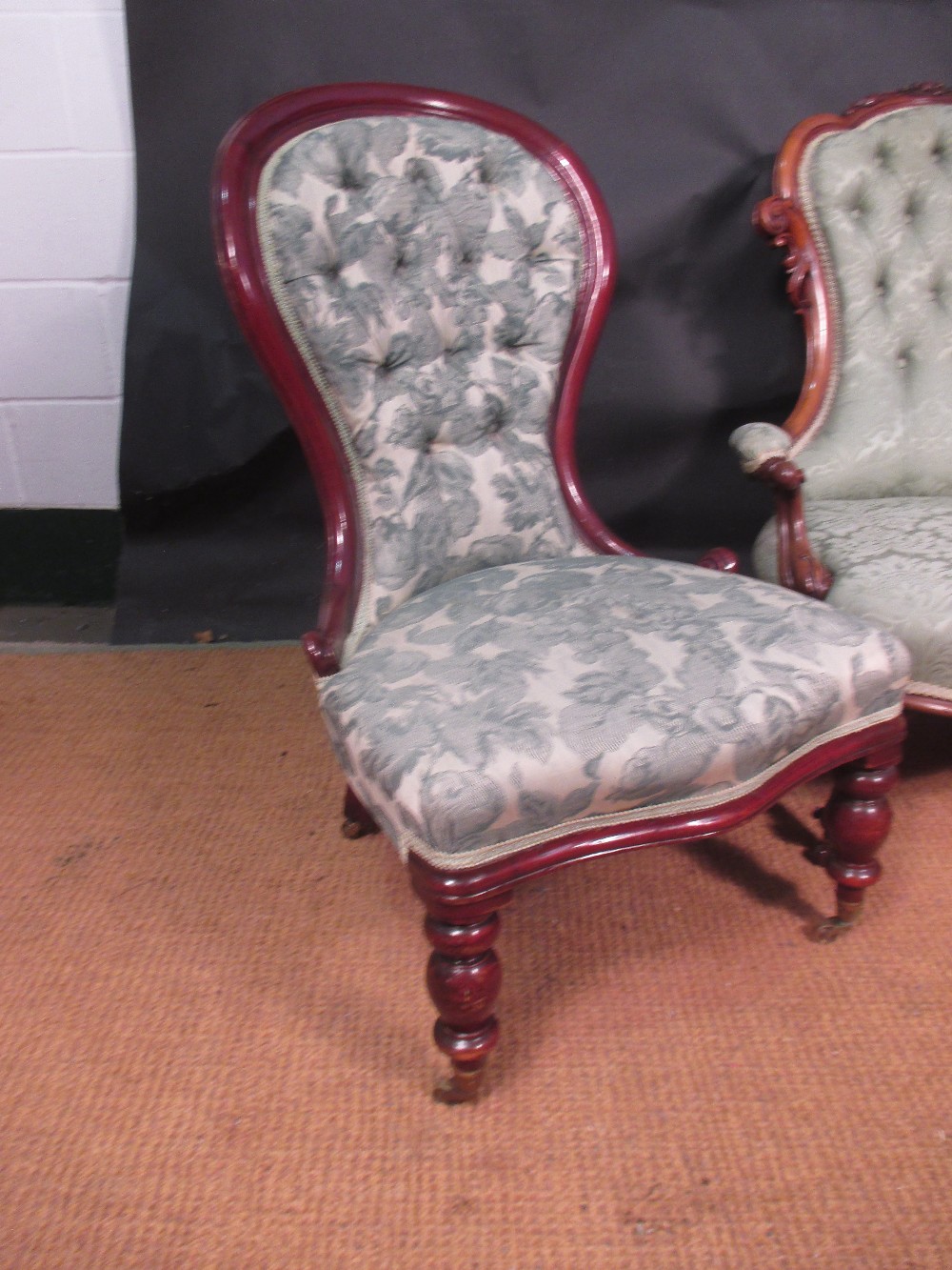 A Victorian walnut framed drawing room chair, a similar armchair and a