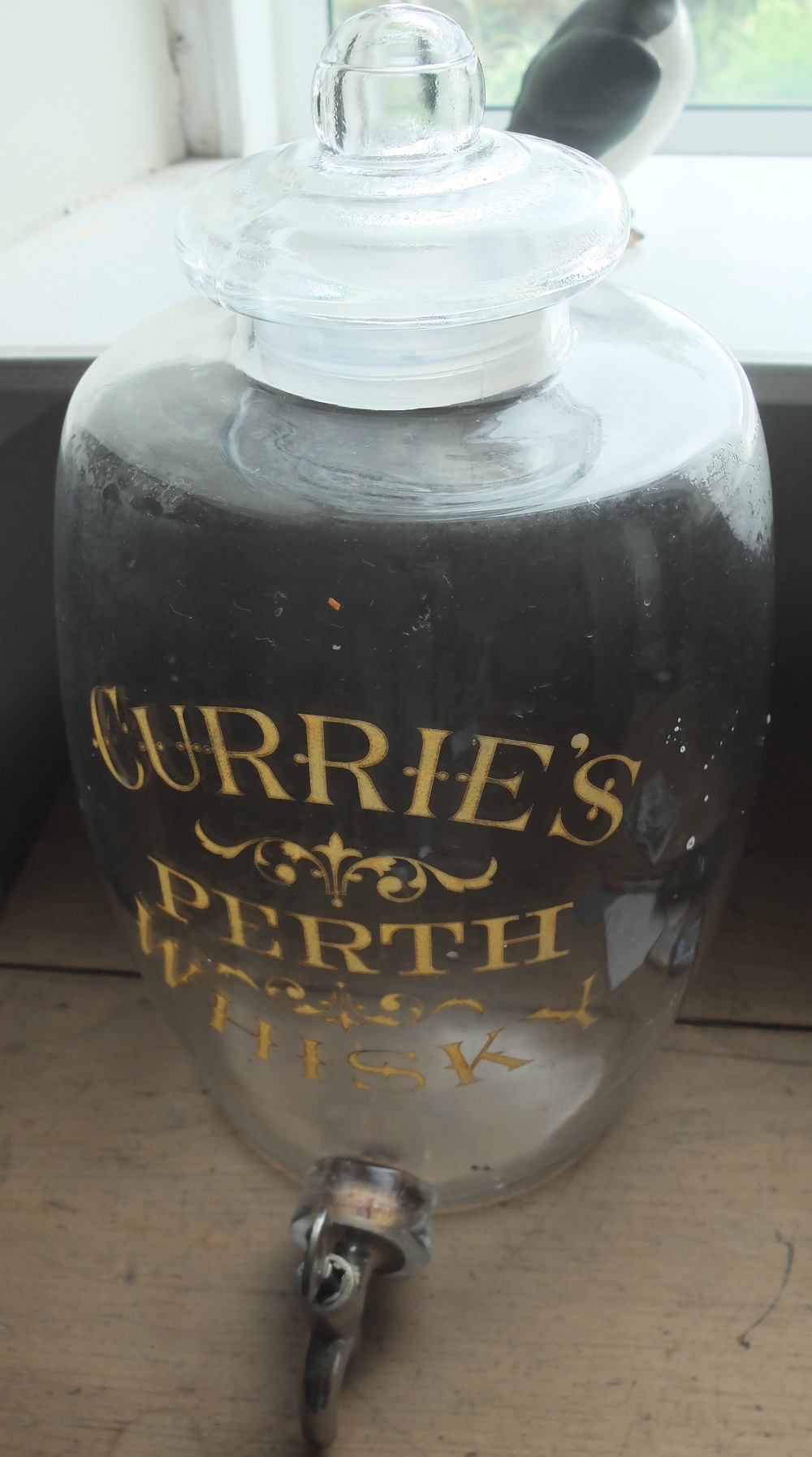 Antique Glass Currie's Perth Scotch Whisky Dispenser 14" tall and 10