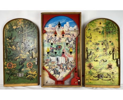 A vintage bagatelle board in rectangular case along with two others with domed tops adapted for display purposes. Largest W.3