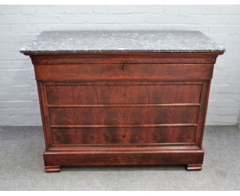 A 19th century French commode, the marble top over a mahogany base of five long drawers on bracket feet, 125cm wide x 95cm hi