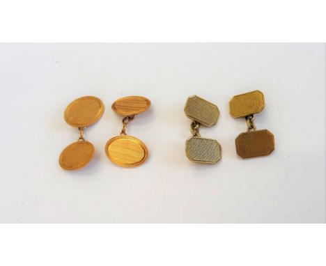 A pair of 9ct gold cut cornered rectangular cufflinks, with engine turned decoration, Birmingham 1949 and a pair of 9ct gold 