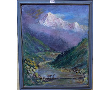 Randolph Bezzant Holmes (British 1888-1973) Sunrise on Nanga Parbat, oil on canvas board, signed, inscribed and dated 1945, 5