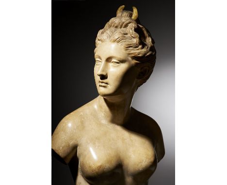 Friedrich Goldscheider; an early 20th century pottery bust of a goddess emblematic of night (Luna), circa 1900, with gilt cre