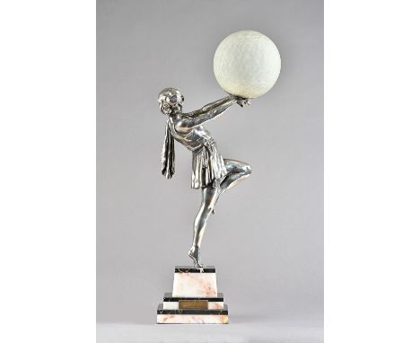 An Art Deco figural table lamp, silvered metal and marble depicting a young dancing gilt holding a ball (frosted shade) on a 