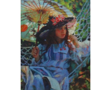 M** R** (contemporary), Girl with parasol, pastel, signed with monogram, 63cm x 48cm.