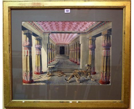 R ** Bauckham (19th century) Captive tigers in a colonnade, watercolour, signed and dated 1886, 38.5cm x 54cm. Provenance; pr