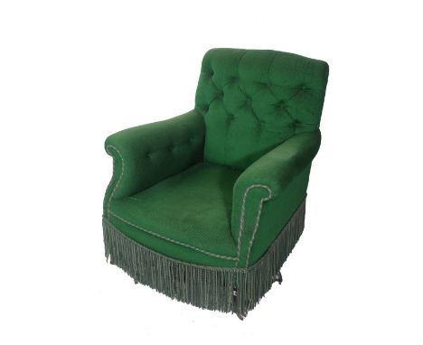 An early 20th century mahogany framed Heals style low armchair on tapering supports with green button back upholstery, 84cm w