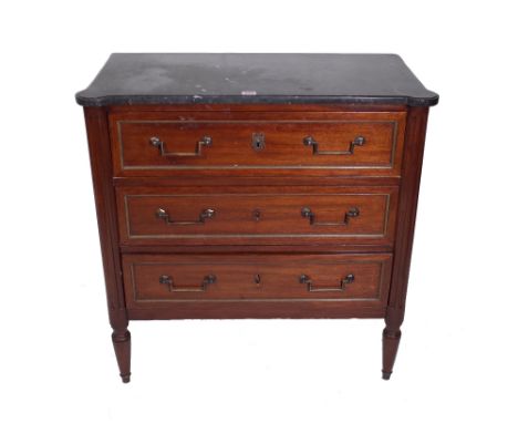 A 19th century French commode, the shaped marble top over brass mounted mahogany base of three long drawers, flanked by outsw