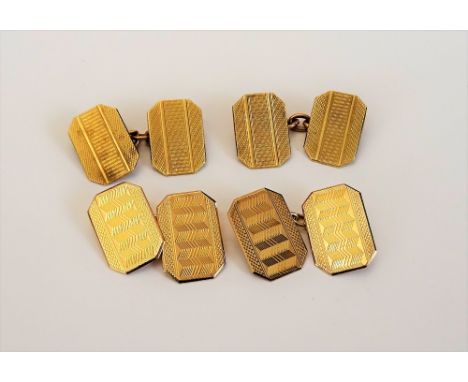 A pair of 9ct gold cut cornered rectangular cufflinks, with engine turned decoration, Birmingham 1931 and a pair of 9ct gold 
