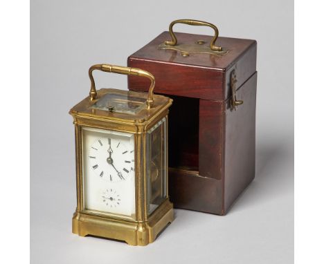 A FRENCH BRASS REPEATING CARRIAGE CLOCK WITH MAHOGANY CASENo. 6323, probably circa 1860The rectangular case with moulded upri