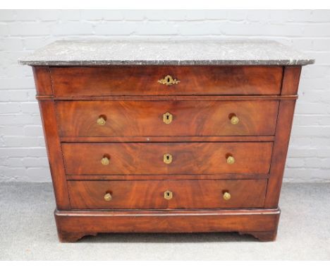 A 19th century French commode, the marble top over a mahogany four drawer base, 121cm wide x 96cm high. 