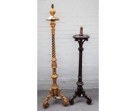 An 18th century style giltwood standard lamp, Italian manner, carved with acanthus on three shaped legs (160cm high) and a ca