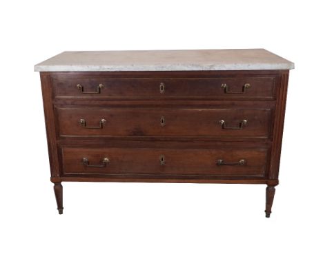 A 19th century Italian marble topped commode, with three long drawers, on tapering turned supports, 126cm wide x 59cm deep x 