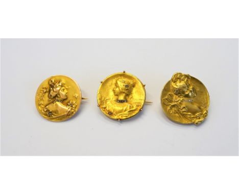 A French gold and diamond set brooch, designed as the Art Nouveau portrait of a lady, detailed below the bust GHERET and to t