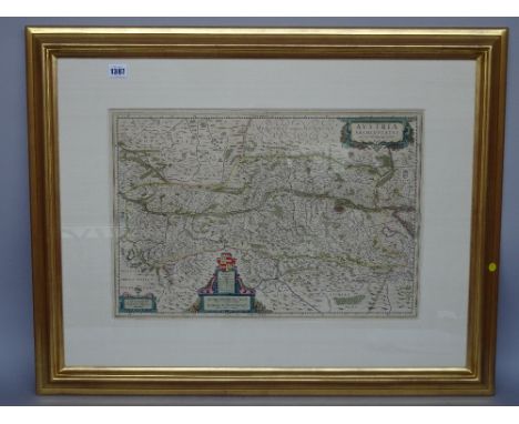 A map by W. BLAEU:  Austria Archiducatus, auctore Wolfgango Lazio.  37cm x 54cm within mount, hand-coloured, decorative carto