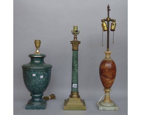 A Victorian style brass and green marble table lamp of corinthian column form, 48cm high, an alabaster table lamp of urn form