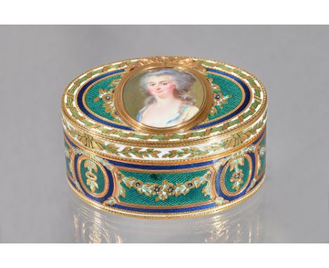 A European gold and enamelled, hinge lidded oval box, the centre mounted with an enamelled oval portrait miniature of a lady,