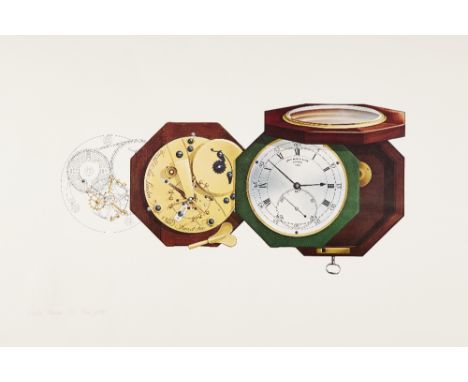 DAVID PENNEY, THE FINAL PROOF FOR A HOROLOGICAL PRINTSIGNED, INSCRIBED AND DATED 1981Showing an octagonal mahogany marine chr