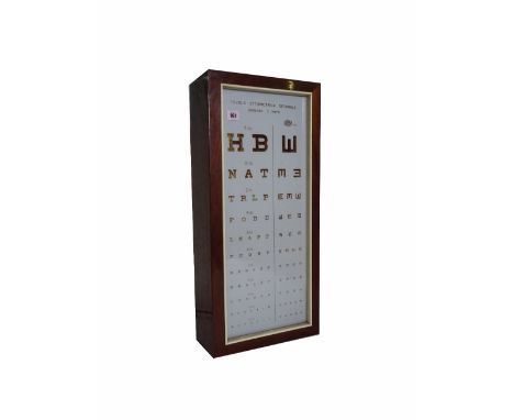 An Italian optometrist's light box, mahogany rectangular case with opaque lettered glass and internal light tube, 67.5cm x 31