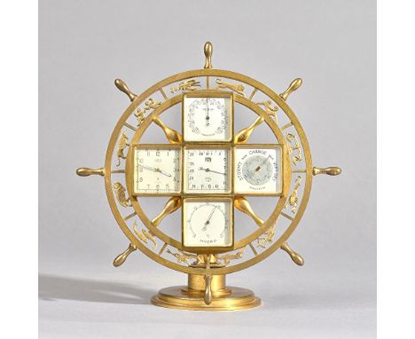A SWISS BRASS EIGHT-DAY MANTEL COMPENDIUM TIMEPIECEAngelus, circa 1970Formed as a ship's wheel with signs of the zodiac, encl