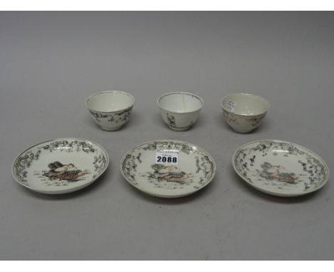Two Chinese mythological-subject teabowls and three saucers, Qianlong, painted en grisaille and iron-red, probably depicting 