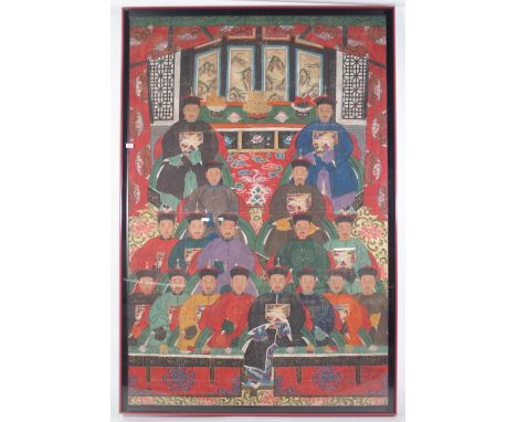 A large Chinese ancestor portrait on canvas, late 19th/early 20th century, depicting family members, all seated and dressed i