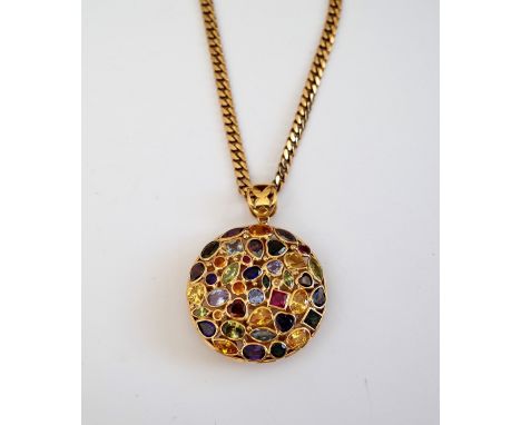 A gold and varicoloured gemstone set pendant, of circular abstract form, mounted with variously cut coloured gemstones, inclu