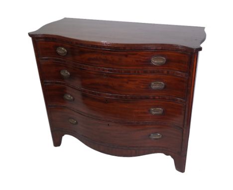 A George III mahogany serpentine commode, with four long graduated drawers, on bracket feet, 120cm wide x 101cm high. Provena