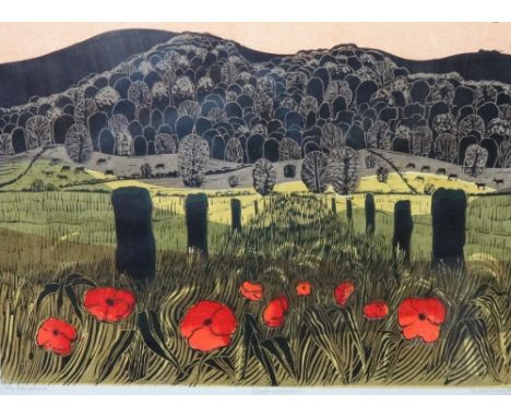 Robert Tavener (1920-2004), Poppies and Downs no.3, colour screenprint, signed, inscribed and numbered 22/75, 46cm x 60cm. DD