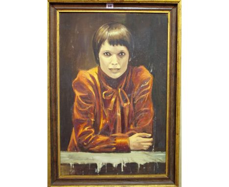 Sir David Tang (1954-2017) Portrait of a lady in red, said to be Mia Farrow, oil on canvas, part obscured inscription to reve