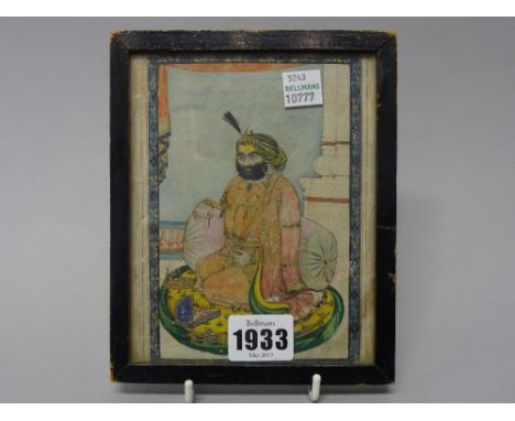 A Sikh portrait of a Sidar, Punjab, 19th century, gouache with gold on paper, seated on a cushion on a European style terrace