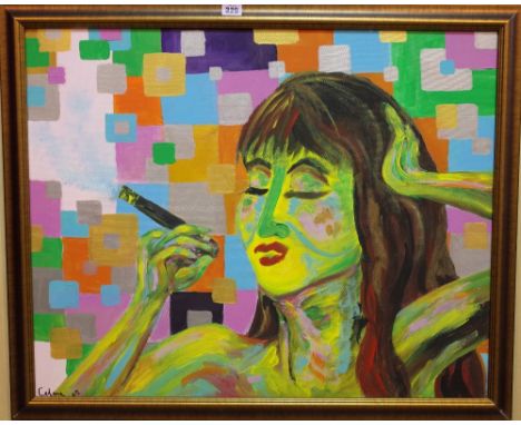 ** Celene, (contemporary), Portrait of a woman smoking a cigar, oil on canvas, signed and dated 05, 60cm x 75cm. Provenance; 