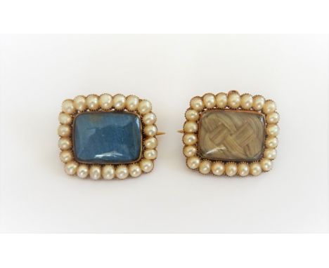 A gold and half pearl set rectangular brooch, glazed to the back and to the front with a woven hairlocket compartment, within